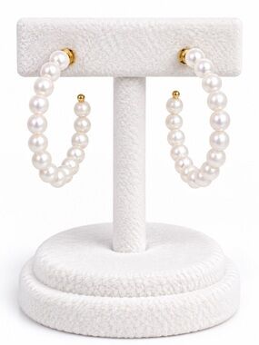 White Faux Pearl Oversized Hoop Earrings with Gold-Tone Accents